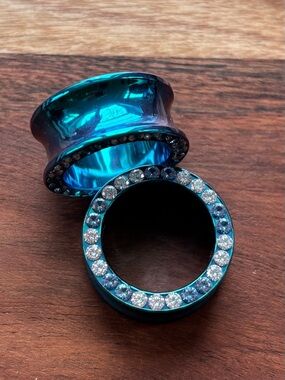 Titanium Blue Teal Metallic Tunnel Plugs with Crystal Trim 25mm 1” Gauge